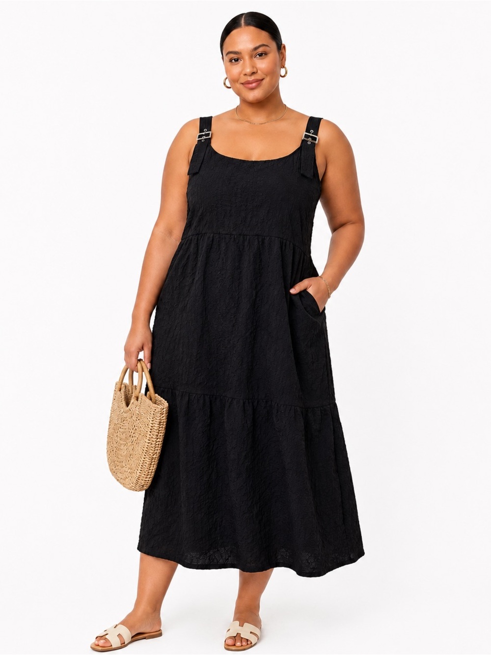 ASOS DESIGN Curve Black Tie Textured Buckle Strap Midi Dress Plus Size 22 EUC